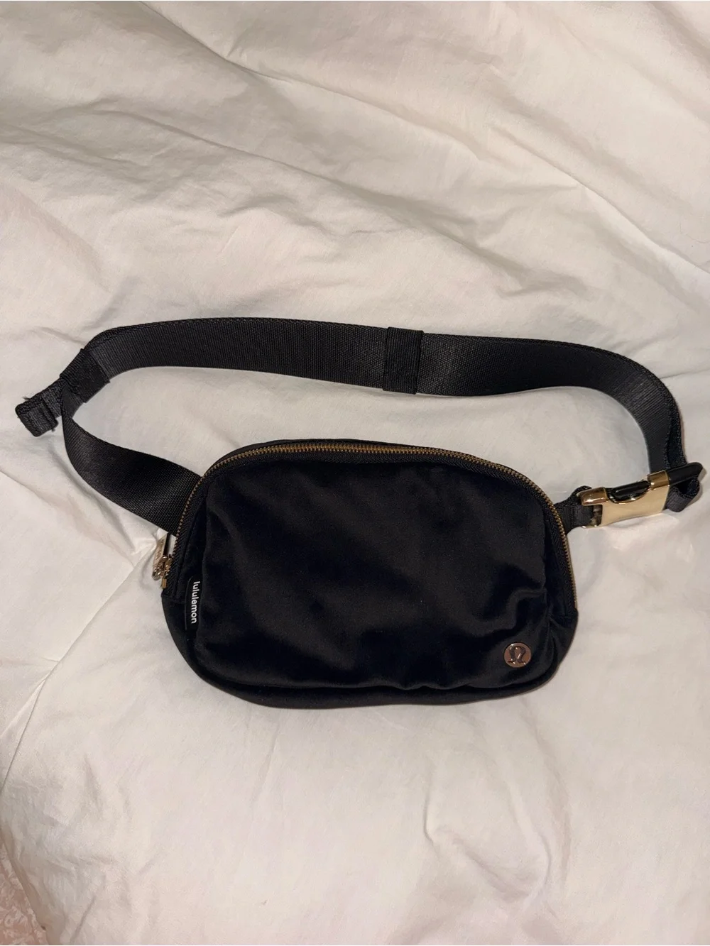 Lululemon Everywhere Belt Bag 1L (Velour Fabric) in Black with Gold Hardware